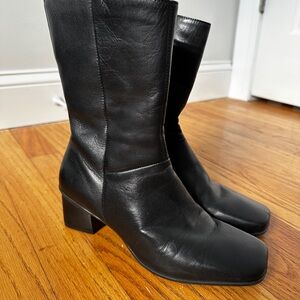 Vintage Black Genuine Leather Square Toe Boots